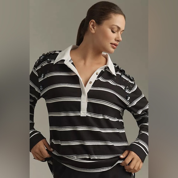 Anthropologie Tops - Anthropologie Maeve Black White It Girl Embellished Polo Top